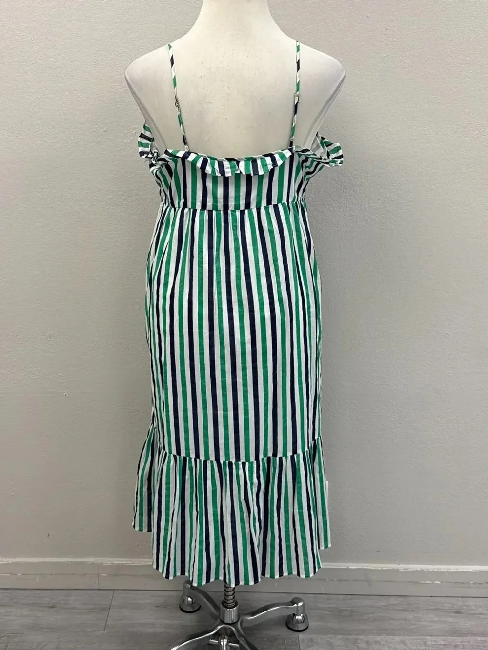 J.Crew Navy Blue & Green Striped Ruffle Tiered Maxi Dress - New - Size XL